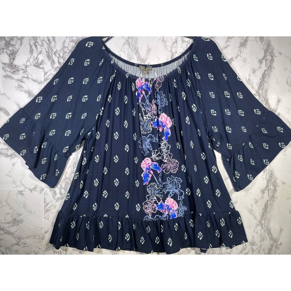 Style & Co GiGi Runway Blue Blouse Ruffle Sleeves Floral Size 3X